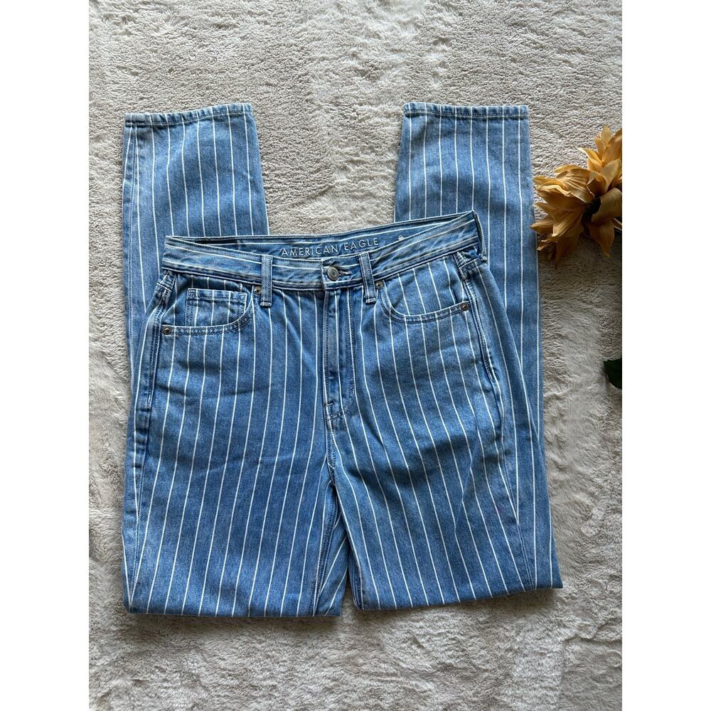 American Eagle White Striped Mom Jeans 2 Long - Picture 4 of 7